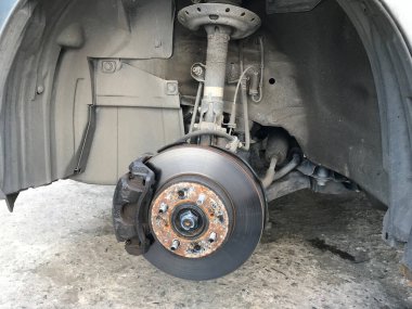 Tekerleksiz fren disklerini kapat ve Jack Hidrolik tarafından kaldırılıp yeni lastik değişimi için bekle.