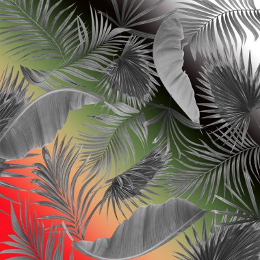 Palmiye ağacı arkaplanının çift pozlama karışık yaprakları