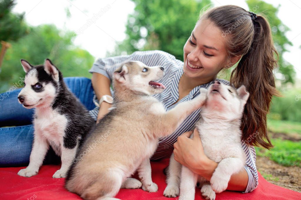 A beautiful smiling woman with a ponytail and wearing a striped shirt is cuddling with  three sweet husky puppies while resting on the red blanket on the lawn. Love and care for pets.