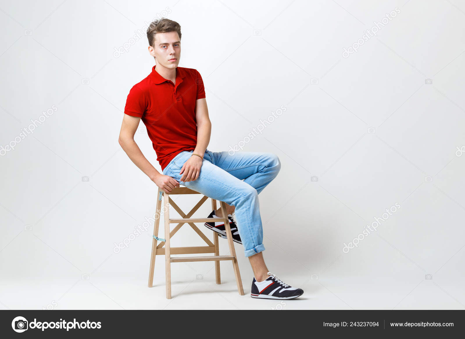 red shirt with blue jeans