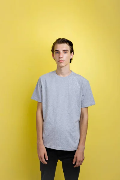 Calm handsome young thin dark-haired guy with blue eyes wearing gray t-shirt standing against yellow background — Stock Photo, Image