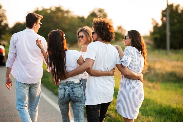 Vista posteriore. compagnia di giovani ragazze e ragazzi stanno parlando e camminando lungo la strada . — Foto Stock