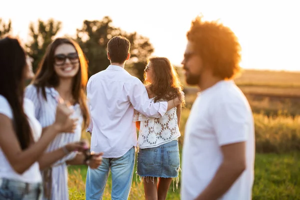 Compagnia di amici che chiacchierano all'aria aperta in una giornata di sole. Sullo sfondo un giovane abbraccia una ragazza . — Foto Stock