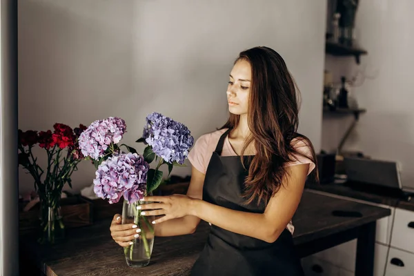 Дівчина флорист в чорному фартусі дивиться на вазу з синьою і бузковою гортензією — стокове фото