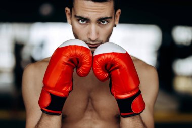Sporcu çıplak bir gövde ile ellerini yüzüne boks jimnastik salonu yanındaki kırmızı boks eldivenleri tutar