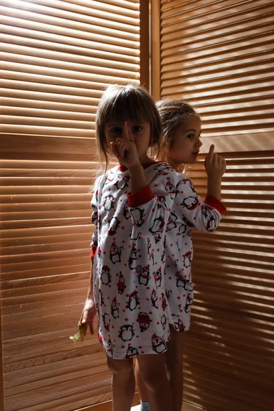 Две младшие сестры в пижаме прячутся в шкафу с деревянными дверями. — стоковое фото