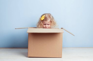 Karton kutu mavi duvar arka planda küçük kıvırcık kız saç Sarı çiçekli oturur.