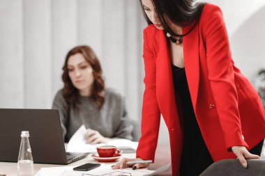 İki genç kadın Tasarımcısı dizüstü bilgisayar ve office belgelerinde masasında iç tasarım Projesi'nde çalışıyor