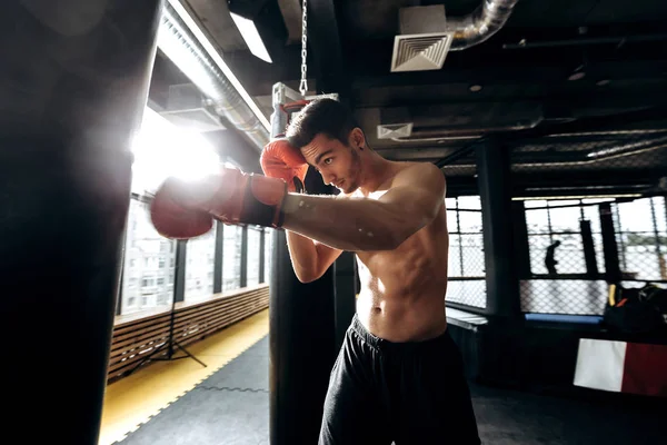 Desportista em luvas de boxe vermelho com um tronco nu vestido com os shorts pretos bate saco de perfuração no ginásio com janelas panorâmicas — Fotografia de Stock