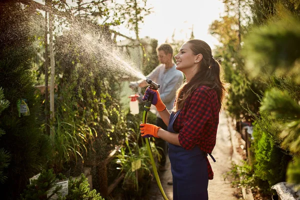 Werk in de tuin. Meisje tuinman sprays water en een man sprays meststof op planten in de prachtige kwekerij-tuin op een zonnige dag. — Stockfoto