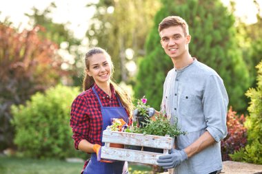Adam ve kız bahçers elinde beyaz ahşap kutu tutun ve harika kreş güneşli bir günde fide ile tencere koymak-Bahçe.