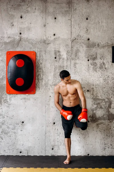 Brutal homme aux cheveux bruns avec un torse nu et les gants de boxe rouge se dresse contre un mur de béton à côté de l'équipement pour la boxe — Photo