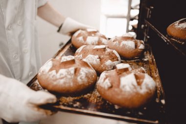 Fırıncı fırından fırıntepsisini çıkarır fırında yeni pişirilen ekmekle fırın tepsisi