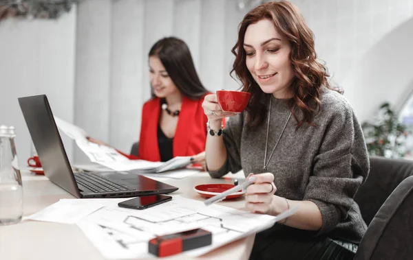 Echipa a două tinere designer de femei lucrează la proiectul de proiectare a interiorului așezat la birou cu laptop și documentație — Fotografie, imagine de stoc