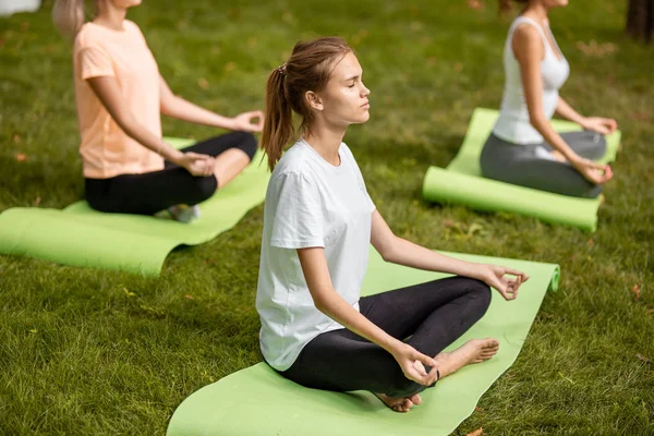 Drei junge schlanke Mädchen sitzen mit geschlossenen Augen in Lotuspositionen und machen an einem warmen Tag Yoga auf Yogamatten auf grünem Gras im Park — Stockfoto