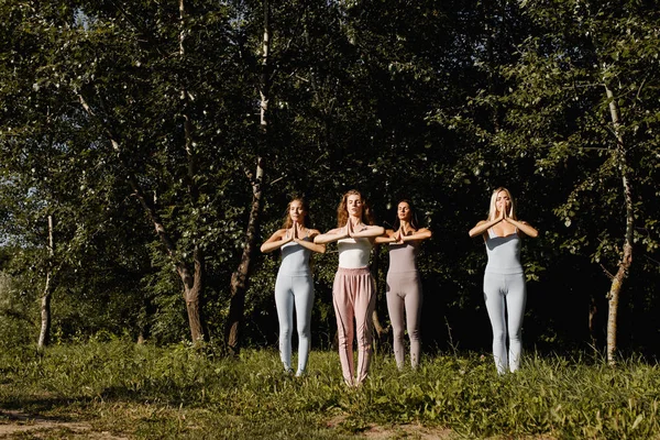 Quatro mulheres jovens estão praticando ioga ao ar livre de pé com as mãos dobradas perto do peito na natureza na grama — Fotografia de Stock