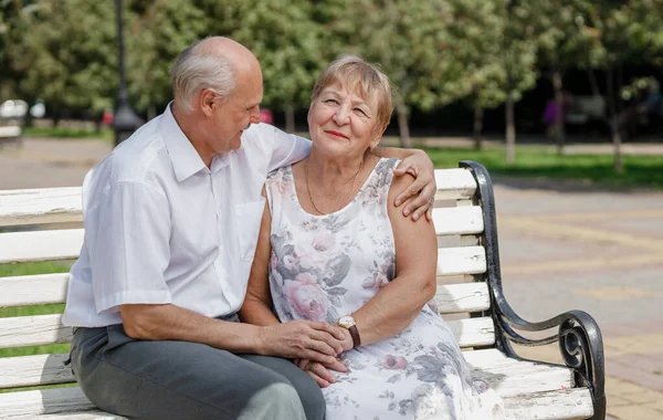 老人とおばあさんは暖かい日に公園のベンチに座っています ストック画像