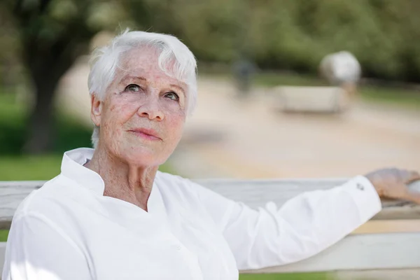 白いシャツのエレガントな高齢者の白髪の女性が暖かい日に公園のベンチに座っています ロイヤリティフリーのストック写真