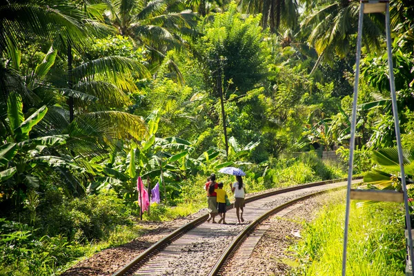 Sri Lanka'da tren üzerinde yürüme yerlileri aile izler.