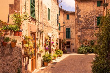 Valldemossa beautiful streets decorated in plant pots and colorful flowers 