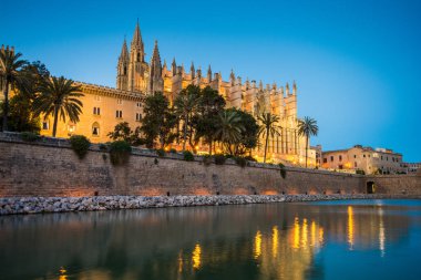 Palma de Mallorca Ispanya Katedrali de Santa Maria gece görünümü. 