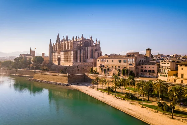 Palma de Mallorca'da tarihi katedral havadan görünümü. Drone görünümü.