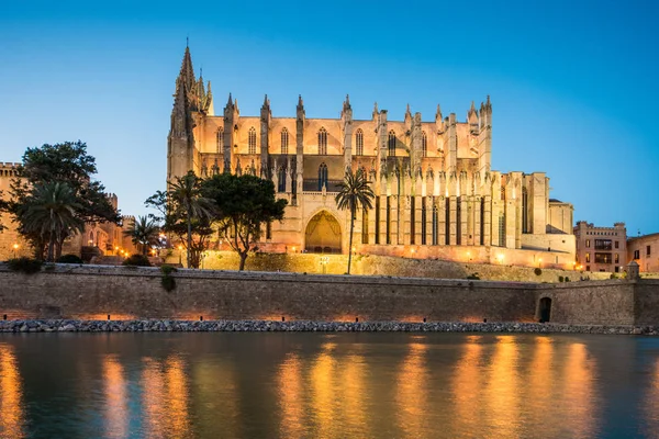 Palma de Mallorca Ispanya Katedrali de Santa Maria gece görünümü. 