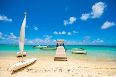 Trou aux biches. Palmiyeleri ve berrak mavi suları olan tropik egzotik plajlar..