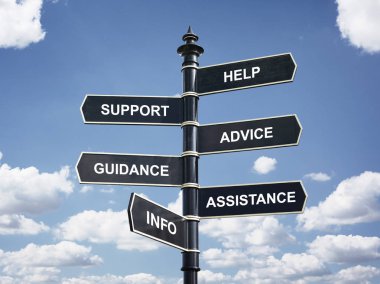 Yardım, destek, tavsiye, rehberlik, yardım ve bilgi kavşak tabelasını iş kavramı