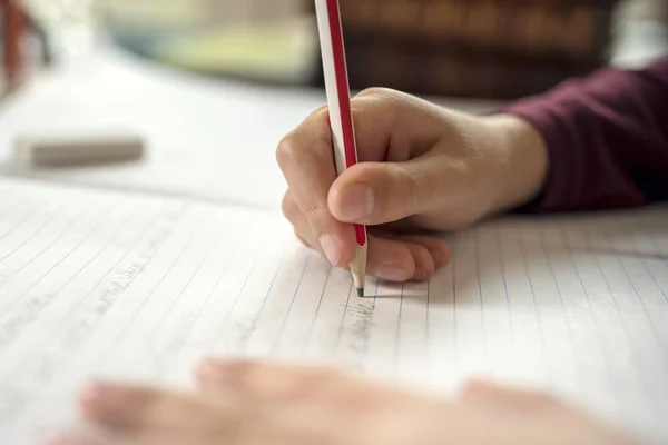 Jongen Schrijven Een Kladblok Doen Van Zijn School Werken Spelling — Stockfoto
