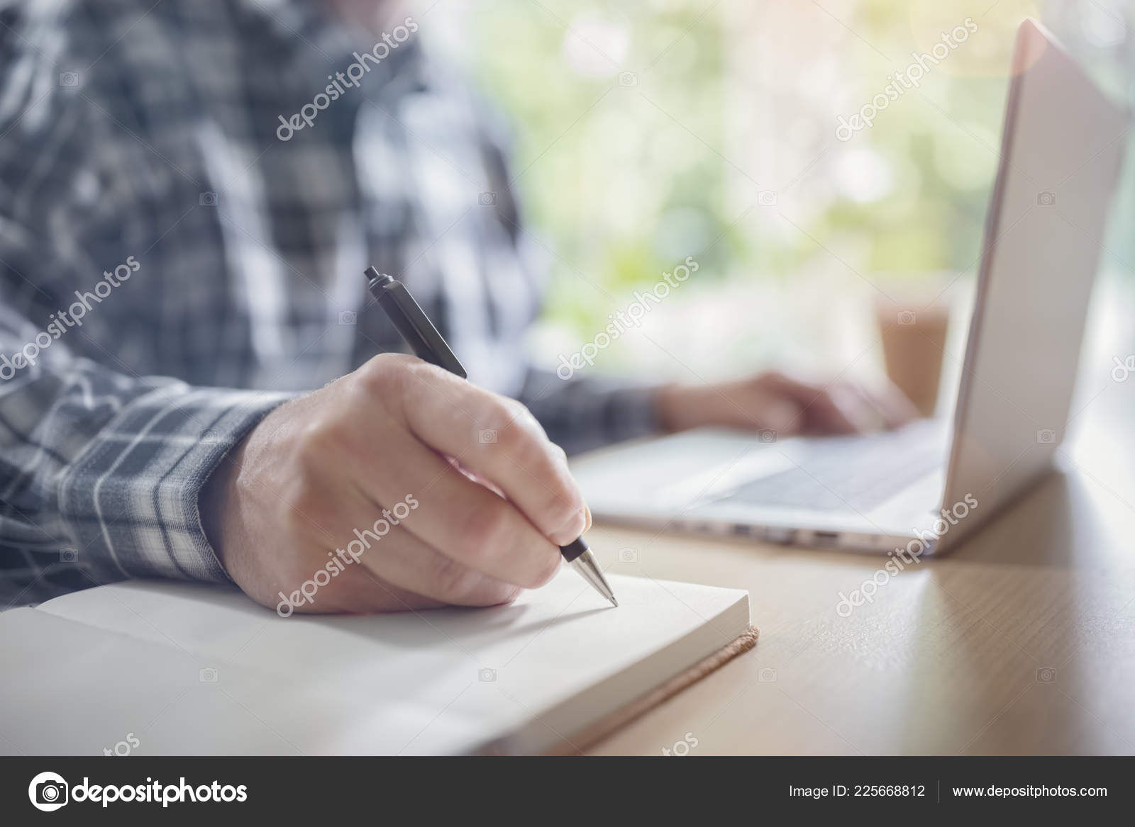 Businessman Writing His Desk Office Laptop Computer Stock Photo
