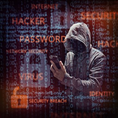 Computer hacker with mobile phone smartphone stealing data clipart