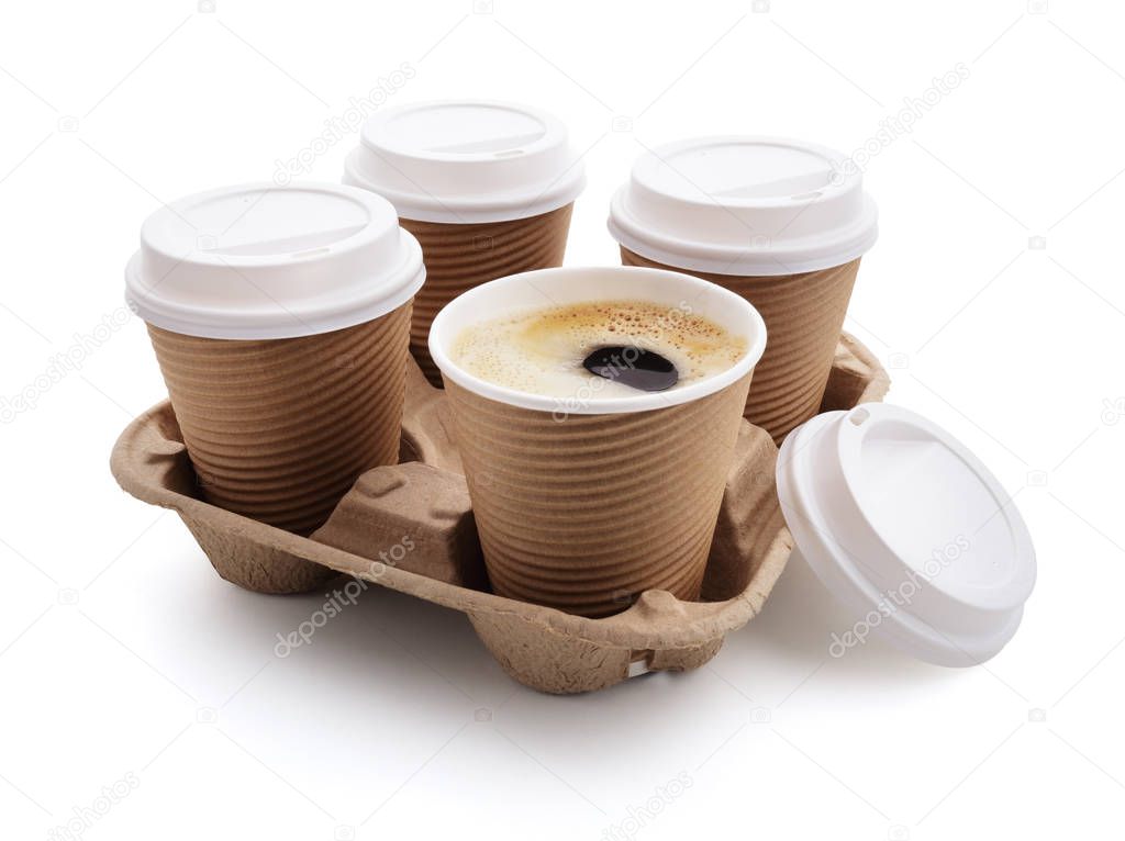 Coffee take out disposable cups wit lids in holder