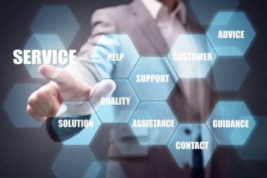 işadamı el yardım için servis düğmesi kavramına basarak, destek ve yardım başvurun