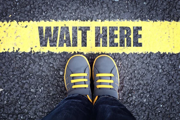 Wait Here Feet Queue Yellow Waiting Line — Stock Photo, Image