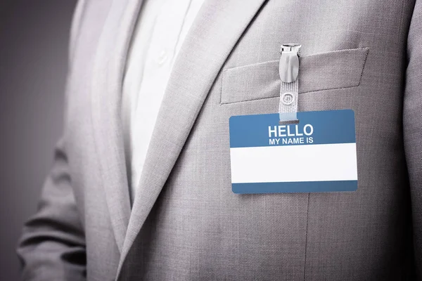 Empresário Uma Exposição Conferência Vestindo Olá Meu Nome Cartão Identidade — Fotografia de Stock