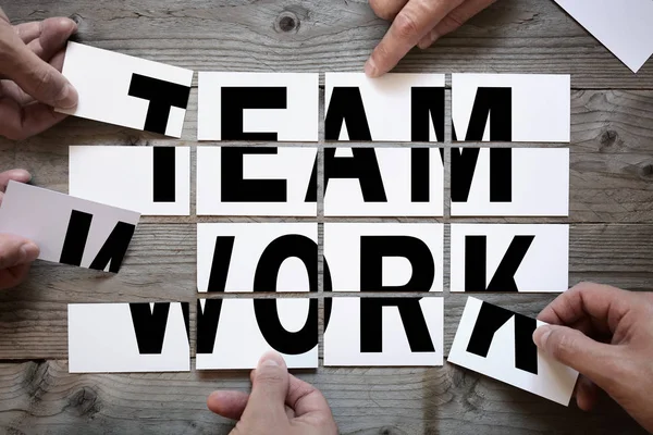 Affärsteam Brainstorming Teamwork Eller Lösning Med Word Teamarbete Kort — Stockfoto