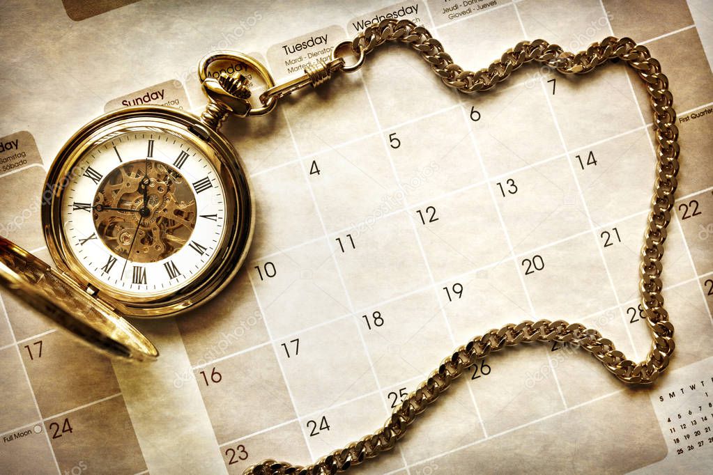 Time management, gold pocket watch on blank calendar background