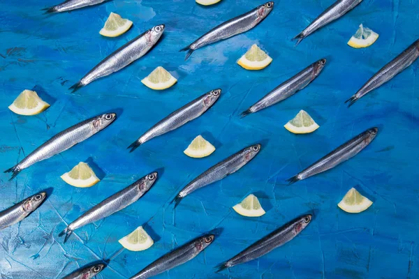 Fish pattern. Anchovies with slice of lemon on a black stone on a blue sea background. Fish caught in the Ionian Sea