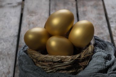 Yuvaya karanlık vintage ahşap zemin üzerine altın yumurta