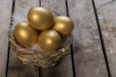 Yuvaya karanlık vintage ahşap zemin üzerine altın yumurta