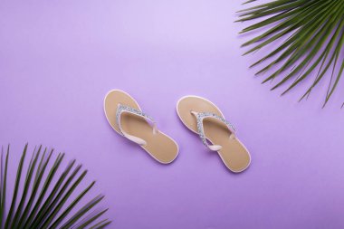 menekşe veya mor arka planda güzel kadın plaj Flip-flop. plaj yaz kavramı ve tatil kavramı, üst görünüm