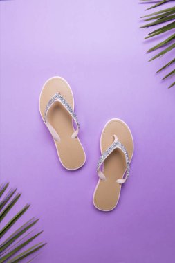 menekşe veya mor arka planda güzel kadın plaj Flip-flop. plaj yaz kavramı ve tatil kavramı, üst görünüm