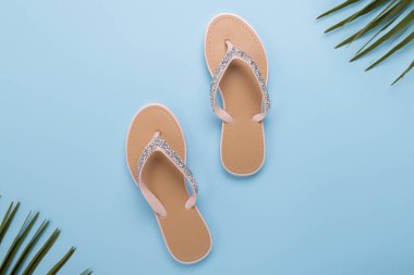 Açık pastel mavi arka planda güzel kadın plaj Flip-flop. plaj yaz kavramı ve tatil kavramı, üst görünüm