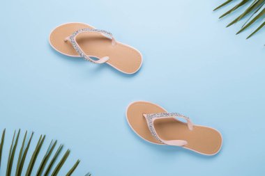 Açık pastel mavi arka planda güzel kadın plaj Flip-flop. plaj yaz kavramı ve tatil kavramı, üst görünüm