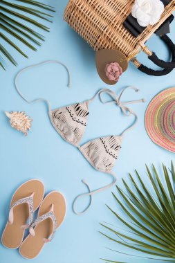 Palmiye yaprakları, moda şapka, Bikini, Flip flop, Açık pastel mavi arka plan, seyahat ve tatil konsepti üzerinde saman plaj çantası ile yaz arka plan