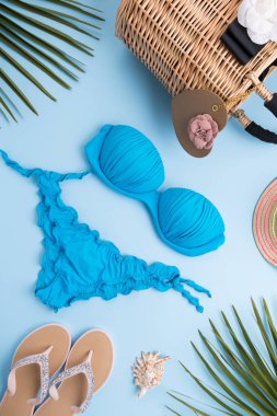 Palmiye yaprakları ile yaz arka plan, moda şapka, Bikini, Flip flop, Açık pastel mavi arka plan üzerinde saman plaj çantası, seyahat ve tatiller kavramı, üst görünüm