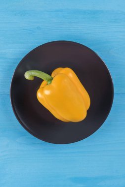 Mavi bir arka plan üzerinde siyah plaka üzerinde Doğal Organik Sarı biber. Kopya alanı ile üst görünümü, Sağlıklı gıda temiz yeme kavramı veya Sebze Vitaminler kavramı. Minimalizm tarzı ve Biyo Tarım