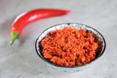Geleneksel Maghrebi sıcak biber sosu Yapıştır harissa. Tunus ve Arap mutfağı adjika