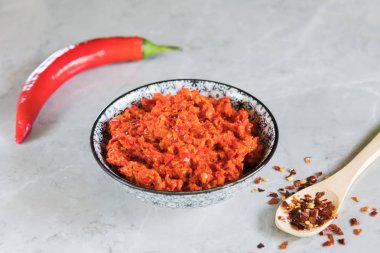 Geleneksel Maghrebi sıcak biber sosu Yapıştır harissa. Tunus ve Arap mutfağı adjika